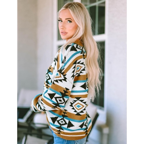 Savanna Jane Southwestern Blanket Crew Pullover Sweater Heavy Knit Aztec - Picture 2 of 8